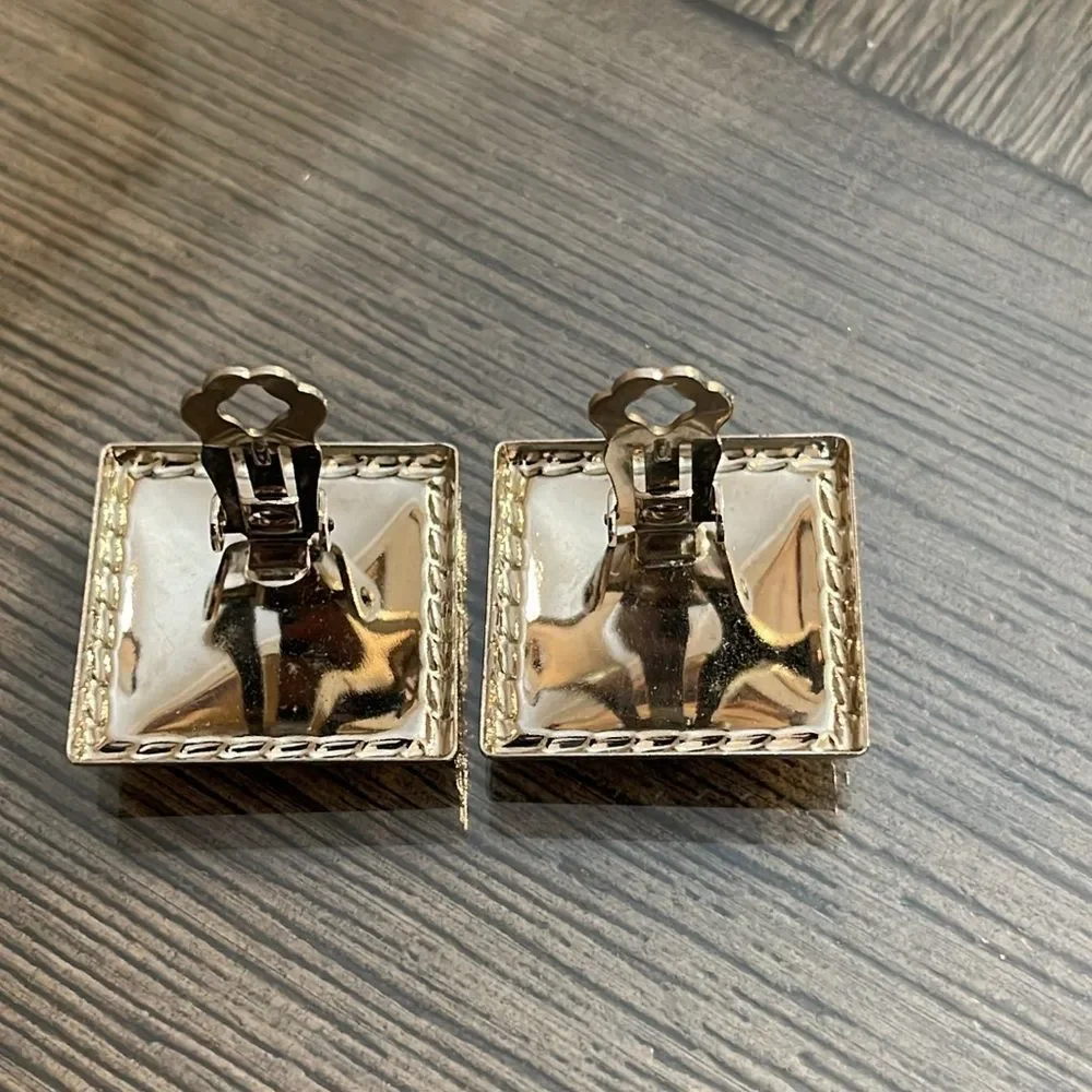 Vintage Square Rose Pink Swirled Pearlized Enamel Clip Earrings